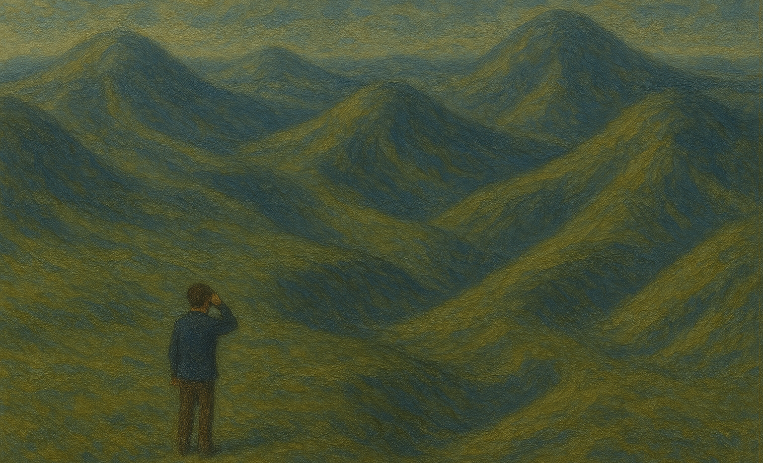 A man confusingly looking over a field that vaguely resembles some three-dimensional curve for gradient descent.